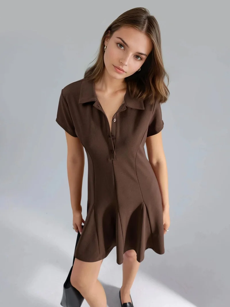 Busem Coffee Brown Crepe Mini Dress with Button Closure and Polo Collar for Women | Best Price UAE